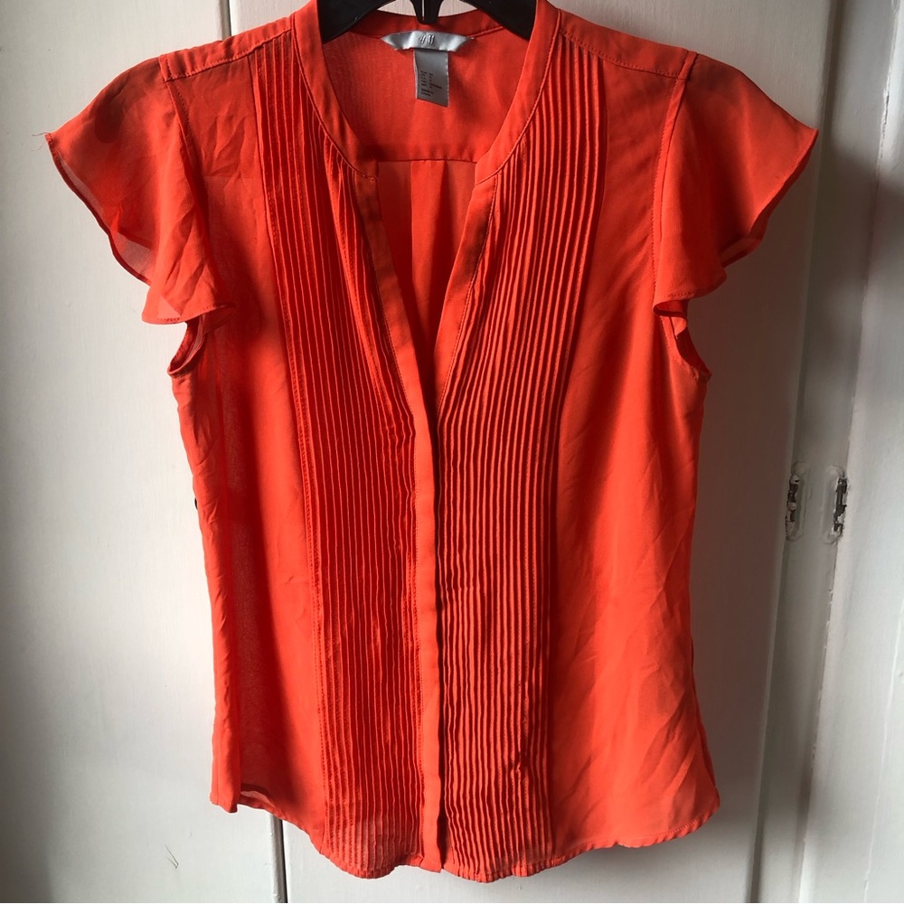 H&M pumpkin-orange cap-sleeve sheer v-neck button-up blouse with pleated front